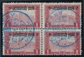 Nyugat-Magyarország III. 1921 Parlament 1K négyestömb, az alsó bélyegek hármaslyukasztással, kék \"PÖRGÖLÉNY\" bélyegzéssel Bodor vizsgálójellel