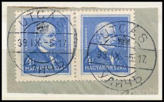 1939 UTCÁS kárpátaljai kétnyelvű bélyegzés 2 bélyeges levélkivágáson