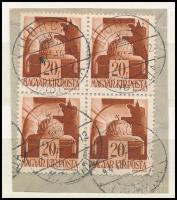 1944 "ILONCA" kárpátaljai kétnyelvű bélyegzés 4 bélyeges levélkivágáson