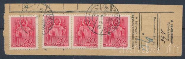 1943 "NAGYSZÖLLŐS" kárpátaljai kétnyelvű bélyegzés 4 bélyeges csomagszállító szelvény kivágáson
