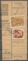 1943 "...NY" kárpátaljai kétnyelvű bélyegzés 2 bélyeges csomagszállító kivágáson