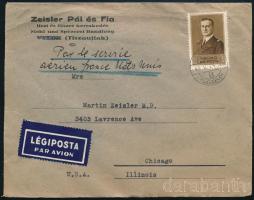 1940 Légiposta levél Kormányzói Arcképsor 2P bélyeggel az USA-ba \"TISZAÚJLAK\" - Chicago