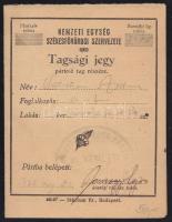 1938 Nemzeti Egység Székesfővárosi Szervezete Tagsági jegy pártoló tag részére