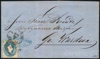 1861 15kr centrált bélyeg, levélen / 15kr centered on cover, "PESTH / Abends" + cégbélyegzős előérvénytelenítéssel