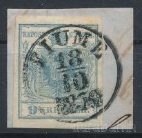 1850 9kr világos szürkéskék HP I., lemezhibák / light greyish blue, plate flaws "FIUME / 1850"