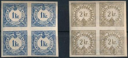 1888 Postatiszta Hírlapilleték bélyeg 1kr és 2kr négyestömbök, B3 vízjelállással, LUXUS minőségben!