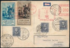 1934 Levelezőlap Jubilehe levélzárókkal, alkalmi bélyegzéssel / Postcard with labels and special postmarks