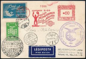 1937 Légi levelezőlap \"AZ 1937. ÉVI BALATON NEMZETKÖZI REPÜLŐCSILLAGTÚRA ÉS TALÁLKOZÓ KÖRREPÜLÉSÉNEK LÉGIPOSTÁJA\", Őszi vásár levélzáróval és alkalmi bélyegzéssel /
