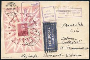 1934 LEHE blokk légi levélen, Budapest-Debrecen / Mi 1 block on airmail postcard