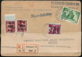 1945 Ajánlott nyomtatvány Budapestről Debrecenbe, a hátoldala válaszlevelezőlapként újra felhasználva, visszaküldve "DEBRECEN EGY ÉVE SZABAD / DEBRECENI VÁSÁR ARANY BIKA" / Post