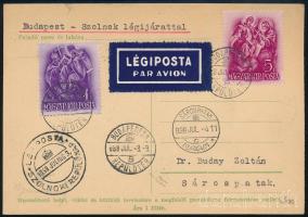 1938 Légi levelezőlap Budapest-Szolnok légi járattal Sárospatakra / Airmail postcard