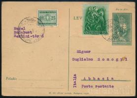 1938 Díjkiegészített levelezőlap Budapestről Abbáziába, olasz portóval / PS-card with additional franking from Hungary to Italy, with Italian postage due stamp