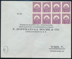 1926 Pengő-fillér 4f 8-as tömb, a 4. bélyegen eltömődött "A" betű, a 6. bélyegen lemezhibás "R" betű céges levélre felragasztva (nem futott)