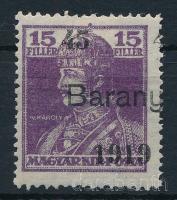 Baranya I. 1919 Károly 45f/15f próbanyomat elcsúszott felülnyomással, Bodor vizsgálójellel