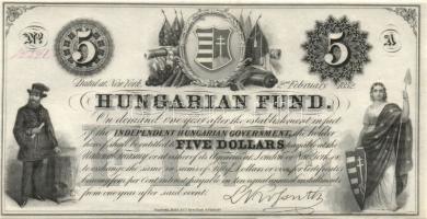 Emigrációs Kossuth-bankó 1852. 5$ "A" piros sorszámmal T:I