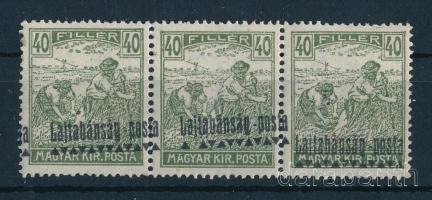 Nyugat-Magyarország III. 1921 Arató 40f hármascsík, nagyon látványosan eltolódott felülnyomással, a második bélyegen hiányzó háromszög, minden bélyeg Bodor vizsgálójellel