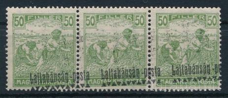 Nyugat-Magyarország III. 1921 Arató 50f hármascsík nagyon látványosan eltolódott felülnyomással, Bodor vizsgálójellel