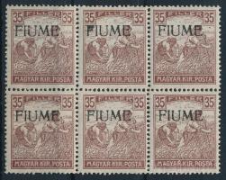 Fiume 1918 Arató 35f hatostömb M. II. felülnyomással, Bodor vizsgálójellel