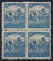 Fiume 1918 Arató 25f négyestömb M. I. felülnyomással, Bodor vizsgálójellel