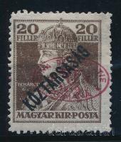 Debrecen I. 1919 Károly/Köztársaság 20f piros felülnyomattal, Bodor vizsgálójellel