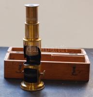 cca 1900 Gyönyörű állapotú réz mikroszkóp, eredeti fa dobozzal / Vintage microscope with original wo...