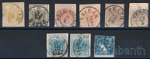 1850 8 db bélyeg, közte teljes sor + Hírlapbélyeg, szép / olvasható bélyegzésekkel
