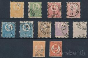 1871 Kőnyomat összeállítás, 9 db bélyeg és 2 Hírlapbélyeg, közte színváltozatok, szép bélyegzések, jó minőségben