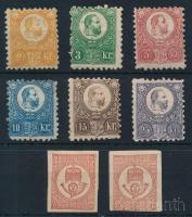 1871 Réznyomat 2kr, 3kr és 5kr festékfoltokkal, + 10kr, 15kr és 2 Hírlapbélyeg falcosak + Réznyomat 25kr gumi nélkül (10kr rozsda / stain)