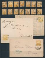 1871 Réznyomat 2kr összeállítás: 14 db bélyeg és 3 levél / levéldarab