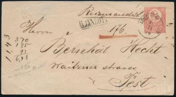 1874 5kr díjjegyes boríték Réznyomat 10kr kiegészítéssel ajánlott levélként "MAROS-VÁSÁRHELY"