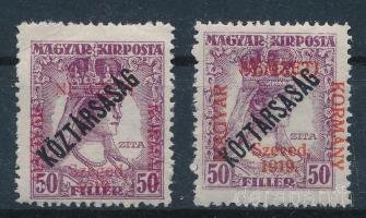 Szeged 1919 2 db Zita / Köztársaság 50f, az egyik kármin a másik cinóber színű felülnyomással, Bodor vizsgálójellel (6.400 ++)