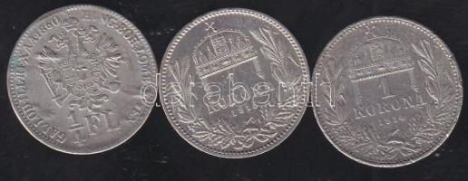 1914-15KB 1K Ag (2x) T:2,3 ph. + Ausztria/Magyar verdejel 1860B 1/4Fl Ag T:3