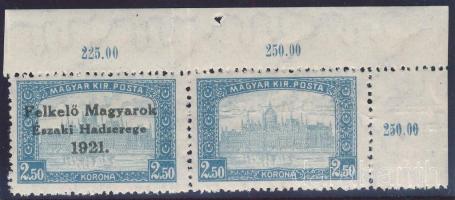 Nyugat-Magyarország V. 1921 Parlament 2,50K ívsarki pár, a jobb oldali felülnyomás nélkül! Bodor vizsgálójellel