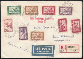 1932 Repülő I. sor 9 db bélyege ajánlott légi levélen Németországba