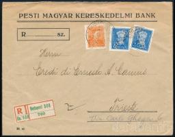 1936 Arcképek sor 3 db bélyege perfinnel, ajánlott levélen Triesztbe