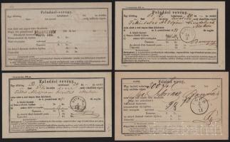 1868-1871 4 db feladási vevény "DEBRECZEN / PÁLYA UDV.", "BATTONYA" + "PÉCS" bélyegzésekkel