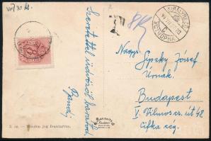 1944 Királymező képeslap kétnyelvű "KIRÁLYMEZŐ" bélyegzéssel Budapetre, 8f portóval