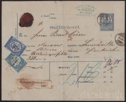 1877 5kr díjjegyes szállítólevél Budapestről Franciaországba, 10 és 25 centes francia okmánybélyeggel, az egyetlen létező darab!