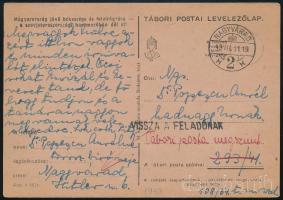 1943 Tábori posta levelezőlap Nagyváradról a 293/41 számra, VISSZA A FELADÓNAK bélyegzéssel