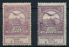 1913 Árvíz I. 35f 2 db bélyeg eltérő színárnyalatban