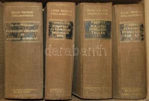 Jogi könyvek tétele 4 db szakkönyv Dr. vitéz Moldoványi: Perenkívüli eljárások és szervezeti szabályok Fabinyi: Polgári perrendtartás I.-II., Szentkuthy-Tréfy: Polgárjogi és büntetőjogi határozatok tára, Grill nyomda 1941 (egy könyven néhány lap sérült, de általában jó állapotban szép kötésben)