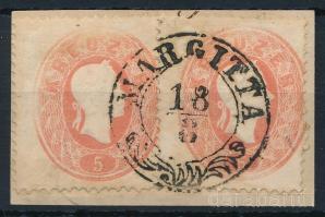 1861 2 x 5kr kivágáson, egyik bélyegen látványos nyomatkimaradás MARGITTA