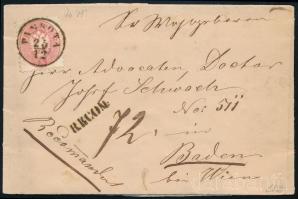 1866 5kr teljes "M" betű vízjellel ajánlott levélen, hátoldali bélyeghiány "PANKOTA" - Baden bei Wien
