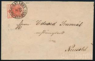 1851 3kr HP I. téglavörös, szép szélekkel, látványosan túlfestékezett, szegélyléc lenyomat, bordázott papír BALASSA GYARMAT Neusohl