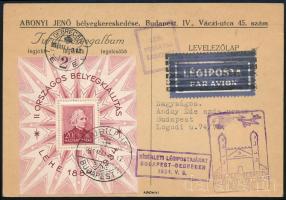 1934 LEHE blokk légi levelezőlapon, "BUDAPEST-DEBRECEN KISÉRLETI LÉGIJÁRAT" / Mi block 1 on airmail postcard
