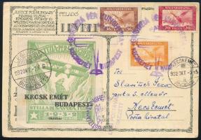 1932 Légi képeslap levélzáróval, \"GIUSTIZIA PER L'UNGHERIA / KECSKEMÉT BUDAPEST\" / Airmail postcard with label