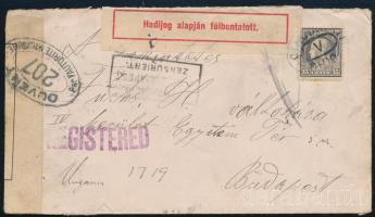 1916 Ajánlott levél az Egyesült Államokból Budapestre, magyar cenzúrával / Registered cover from the United States to Budapest, with Hungarian censorship