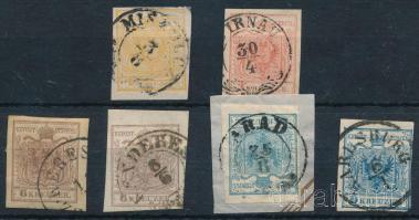 1850 6 db bélyeg, közte 9kr I. tipus és MP és HP is