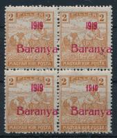 Baranya I. 1919 Arató 2f négyestömb, az egyik bélyeg antikva számmal, Bodor vizsgálójellel