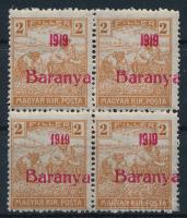 Baranya I. 1919 Arató 2f négyestömb, az egyik bélyeg antikva számokkal, Bodor vizsgálójellel